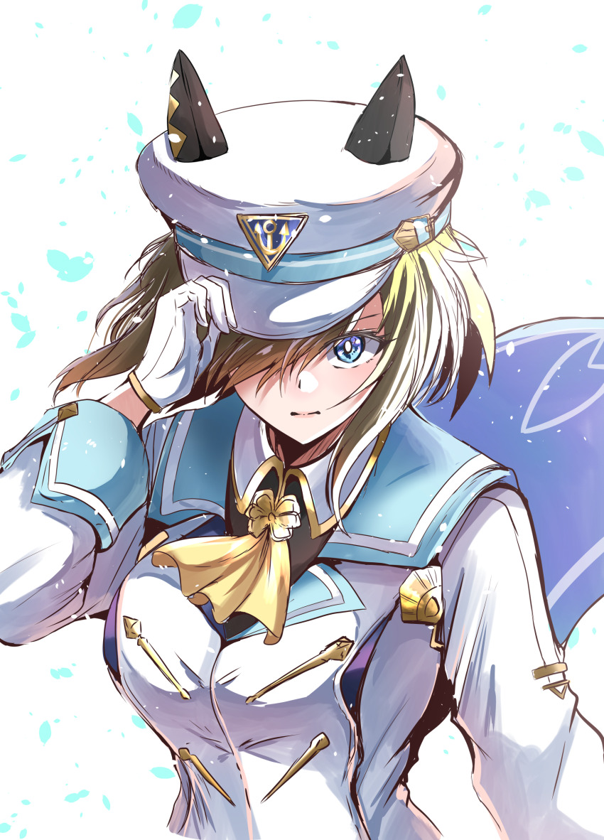 1girl absurdres adjusting_clothes adjusting_headwear animal_ears breasts brown_hair cape cheval_grand_(umamusume) closed_mouth commentary_request gloves hair_over_one_eye hat highres horse_ears kentan_(kingtaiki) looking_at_viewer medium_breasts portrait simple_background solo umamusume uniform white_background