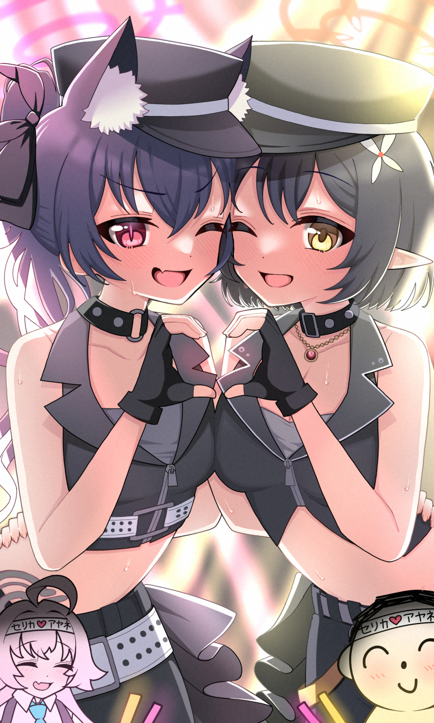 1boy 3girls ;d absurdres ahoge animal_ear_fluff animal_ears ayane_(blue_archive) ayane_(idol)_(blue_archive) bare_shoulders black_choker black_gloves black_hair black_hat blue_archive cat_ears cat_girl choker closed_eyes commentary_request doodle_sensei_(blue_archive) extra_ears fang fingerless_gloves gloves glowstick halo hat headband heart heart_hands heart_hands_duo highres holding holding_glowstick hoshino_(blue_archive) idol_clothes jewelry long_hair looking_at_viewer multiple_girls necklace official_alternate_costume one_eye_closed open_mouth peaked_cap pink_hair pointy_ears red_eyes sensei_(blue_archive) serika_(blue_archive) serika_(idol)_(blue_archive) sidelocks skin_fang sleeveless smile stomach translated umin0buta10 upper_body white_headband yellow_eyes