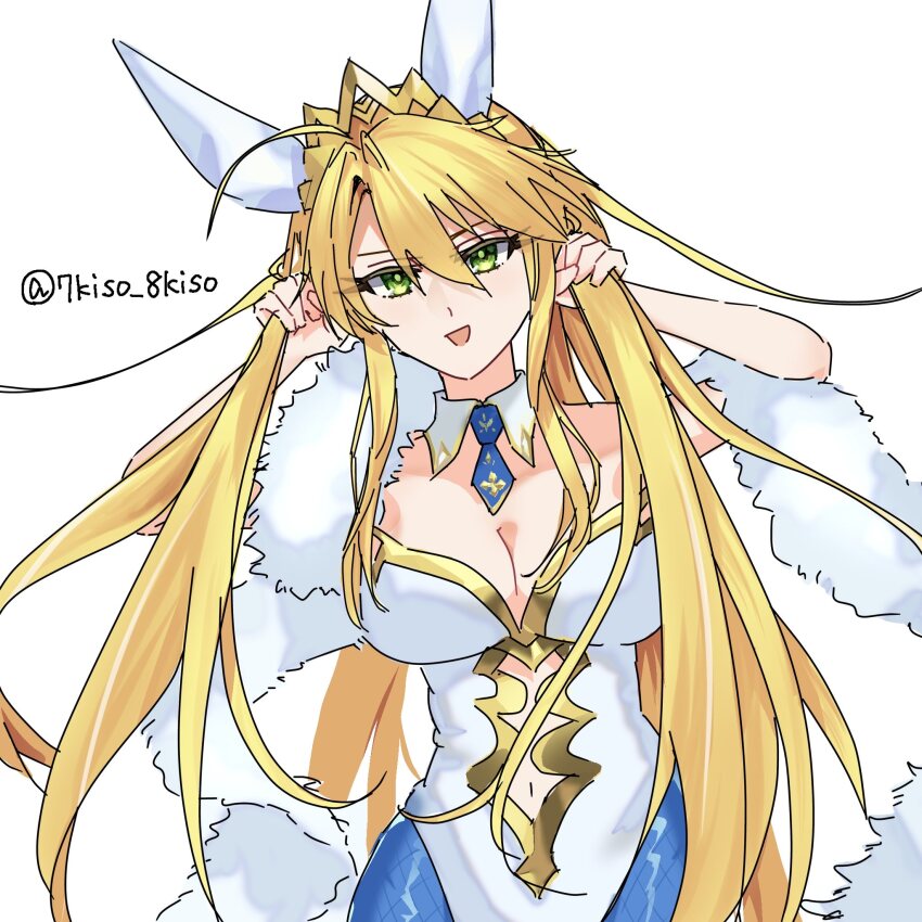 1girl 7kiso_8kiso animal_ears artoria_pendragon_(fate) artoria_pendragon_(swimsuit_ruler)_(fate) artoria_pendragon_(swimsuit_ruler)_(first_ascension)_(fate) blonde_hair breasts cleavage fate/grand_order fate_(series) green_eyes highres large_breasts long_hair looking_at_viewer open_mouth playboy_bunny rabbit_ears smile solo twintails twitter_username