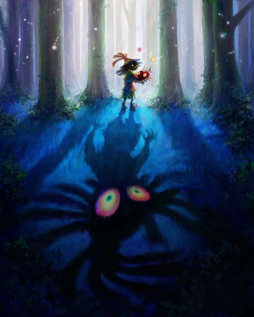 fireflies forest glowing glowing_eyes highres logo majora_(entity) mask nature nintendo official_art shadow skull_kid tael tatl the_legend_of_zelda the_legend_of_zelda:_majora&#039;s_mask tree