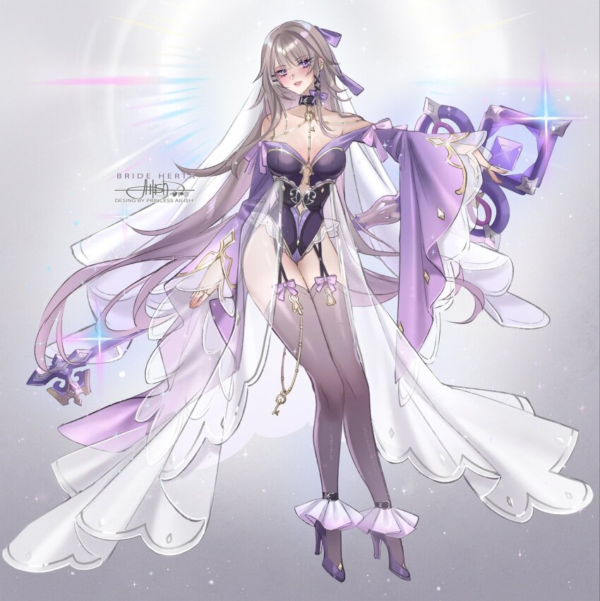 1girl alternate_costume artist_name bare_shoulders black_thighhighs breasts bridal_veil brown_hair commentary detached_sleeves garter_straps grey_background herta_(honkai:_star_rail) high_heels highres holding holding_staff honkai:_star_rail honkai_(series) leotard long_hair medium_breasts princess_ailish purple_eyes purple_footwear purple_leotard see-through_clothes see-through_veil solo staff the_herta_(honkai:_star_rail) thighhighs thighs veil