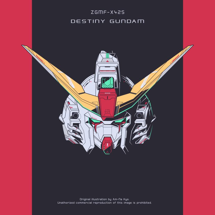 absurdres azzalea black_background character_name commentary destiny_gundam english_commentary english_text green_eyes gundam gundam_seed gundam_seed_destiny head_only highres looking_at_viewer mecha mobile_suit no_humans red_background robot straight-on two-tone_background v-fin