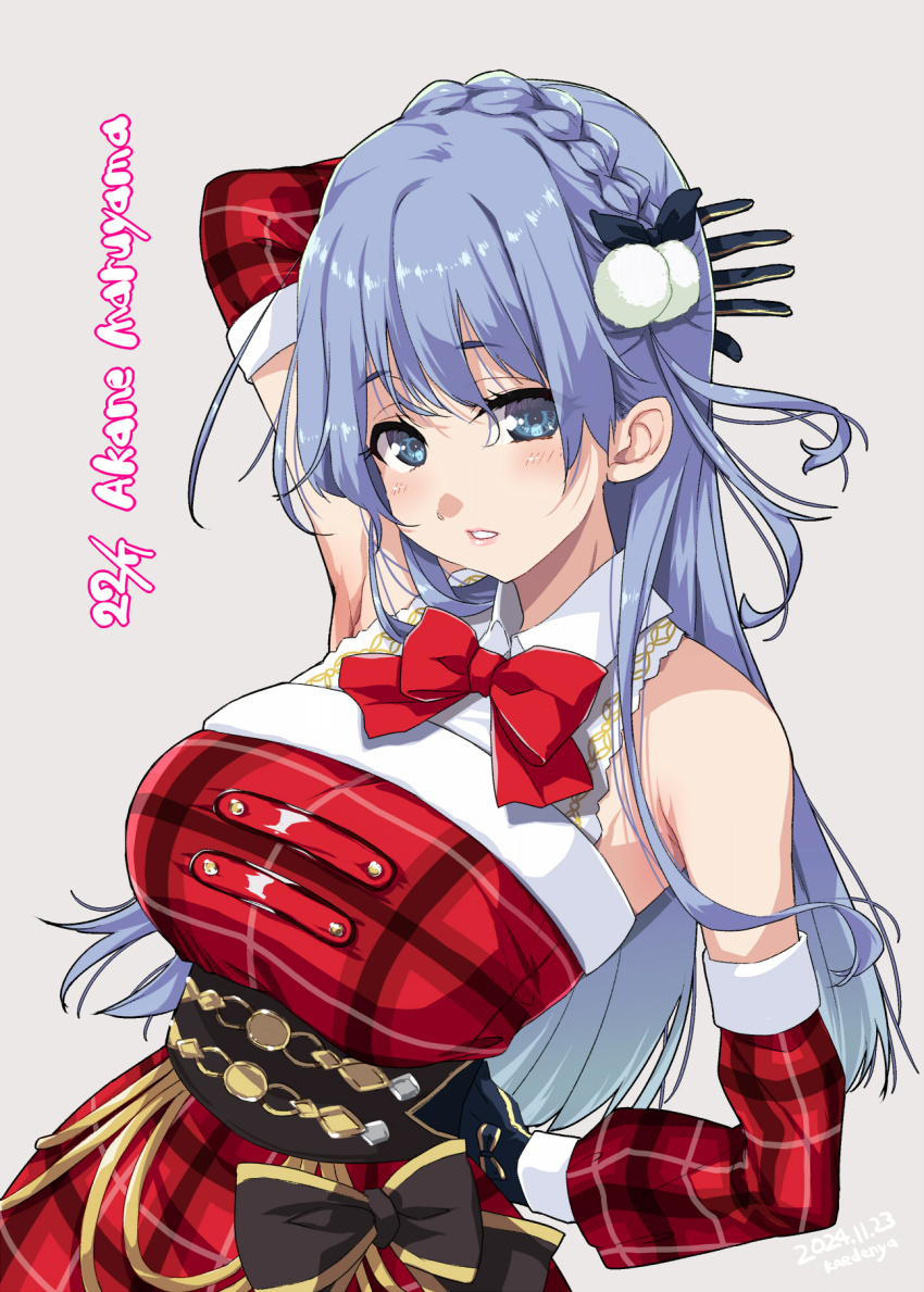 1girl 22/7 arm_behind_head artist_name black_bow black_gloves blue_eyes blue_hair blush bow bowtie braid character_name cowboy_shot dated detached_sleeves dress gloves grey_background group_name hair_bow hair_ornament hand_on_own_hip highres kisairo_kaede light_blue_hair long_hair looking_at_viewer maruyama_akane no_eyewear parted_lips plaid_clothes plaid_dress pom_pom_(clothes) pom_pom_hair_ornament red_bow red_bowtie red_dress single_braid solo