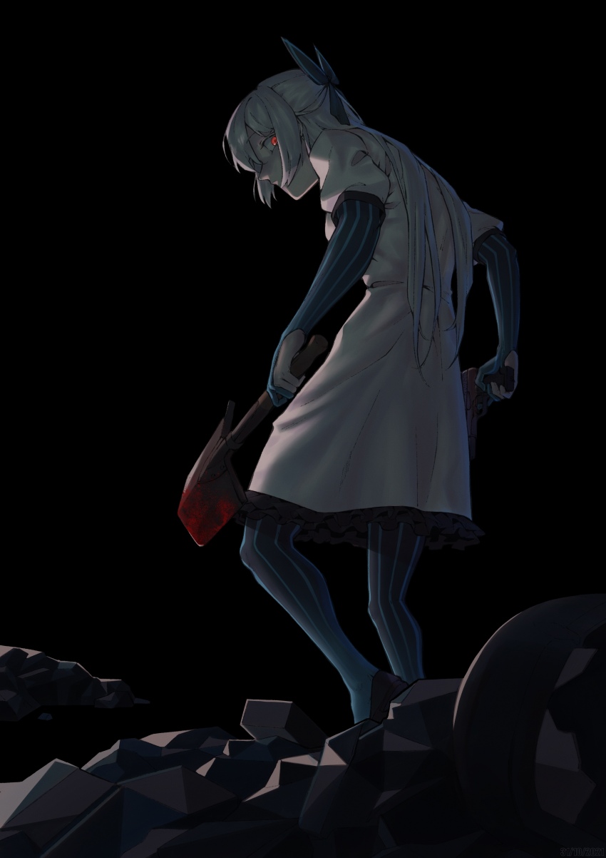 1girl absurdres black_background blood_on_shovel bow closed_mouth commentary_request dress elbow_gloves emile_aoi fingerless_gloves full_body girls&#039;_frontline gloves gun hair_bow handgun highres holding holding_gun holding_shovel holding_weapon long_hair looking_at_viewer looking_to_the_side pantyhose red_eyes russian_commentary serious shoes shovel sidelocks simple_background solo standing striped_clothes striped_gloves striped_pantyhose tokarev_(girls&#039;_frontline) tokarev_tt-33 vertical-striped_clothes vertical-striped_gloves vertical-striped_pantyhose weapon white_dress white_hair