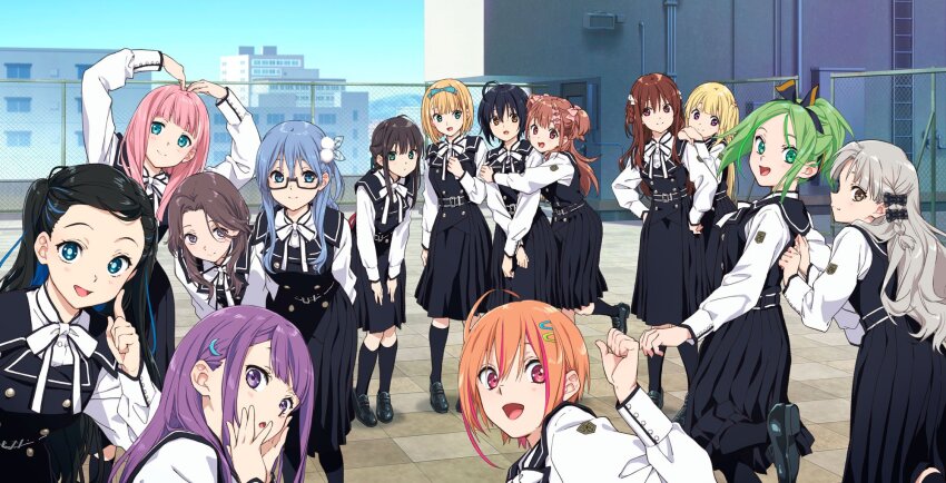22/7 6+girls :d ahoge aqua_eyes aqua_hair arms_behind_back asymmetrical_bangs belt belt_buckle black-framed_eyewear black_belt black_bow black_dress black_hair black_pantyhose black_shoes black_socks blonde_hair blue_bow blue_eyes blue_hair blue_hairband blunt_bangs bow bow_hairband braid braided_hair_rings braided_ponytail brown_eyes brown_hair buckle buttons center-flap_bangs closed_mouth curtained_hair dark_blue_hair double-breasted dress emblem everyone fanged_bangs fujima_sakura green_eyes green_hair green_ribbon grey_eyes grey_hair hair_between_eyes hair_bow hair_ornament hair_ribbon hair_rings hairband hairclip half_updo hands_on_another&#039;s_shoulders hands_on_own_cheeks hands_on_own_face hands_on_own_hips heart_arms high_ponytail highres himuro_mizuki horiguchi_yukiko ichinose_hotaru index_finger_raised kamiki_mikami keisanchuu_new_costume kiryu_touko light_blue_hair loafers long_hair long_sleeves looking_at_viewer maruyama_akane mole mole_under_eye multicolored_hair multiple_girls nagamine_kaede neck_ribbon nishiura_sora official_art one_side_up open_mouth orange_hair orihara_sumika outdoors pantyhose parted_bangs pinafore_dress pink_bow pink_hair plaid_bow pleated_dress pom_pom_(clothes) pom_pom_hair_ornament ponytail purple_eyes purple_hair rectangular_eyewear red_ribbon ribbon rooftop saito_nicole semi-rimless_eyewear sera_honoka shirt shirt_under_dress shoes short_hair side_braid sidelocks single_braid single_hair_ring sleeveless sleeveless_dress smile socks standing tachikawa_ayaka takigawa_miu tile_floor tiles twin_braids two-tone_bow two-tone_hairband two_side_up under-rim_eyewear wavy_hair white_bow white_ribbon white_shirt yagami_toa