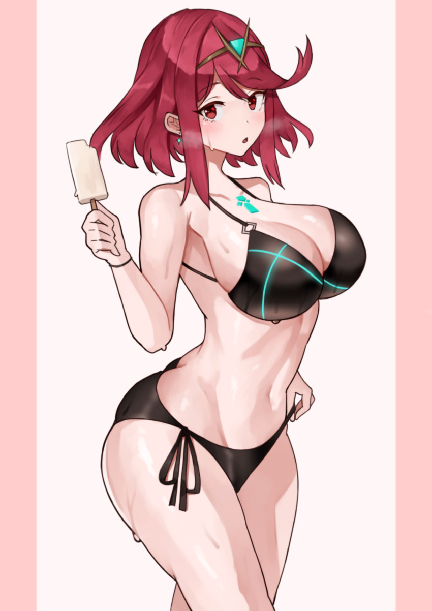 1girl absurdres adjusting_clothes adjusting_swimsuit bikini black_bikini breasts food highres large_breasts navel popsicle pyra_(xenoblade) solo swimsuit xenoblade_chronicles_(series) xenoblade_chronicles_2