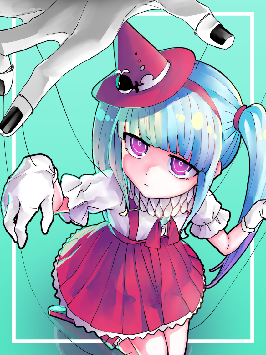 aqua_hair blonde_hair bow closed_mouth dress fake_meme_(vocaloid) gloves gomashimashio hair_between_eyes hat hatsune_miku highres long_hair looking_at_viewer multiple_girls neck_ruff pink_eyes puppet_strings red_bow red_footwear red_hat red_skirt red_suspenders shirt skirt twintails vocaloid