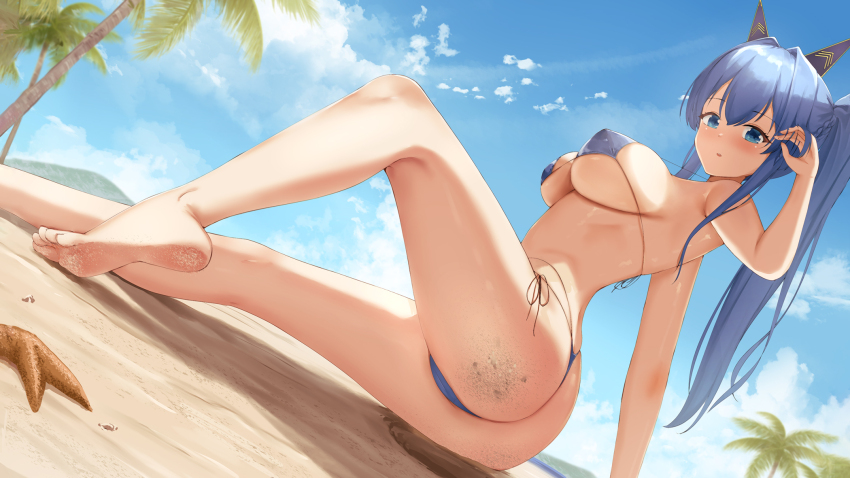 1girl ass ass_focus back bare_back barefoot beach bikini blue_bikini blue_eyes blue_hair breasts dirty dirty_feet eyepatch_bikini feet foot_focus goddess_of_victory:_nikke helm helm_(aqua_marine)_(nikke) helm_(nikke) helmet highres huge_ass joko_jmc large_breasts legs long_hair micro_bikini on_ground palm_leaf pointy_breasts sand sand_on_skin skull_choker solo starfish swimsuit tropical wet