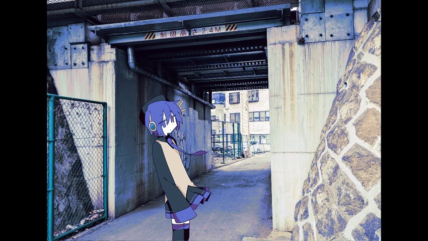 1girl beret black_hat black_shirt black_skirt black_thighhighs bridge brown_vest building chain-link_fence city closed_mouth day expressionless feet_out_of_frame fence graffiti hat highres industrial_pipe jitome kajuu_(maimai_maimaa) long_sleeves looking_to_the_side necktie outdoors photo_background pillarboxed pleated_skirt purple_eyes purple_hair purple_necktie rem_(utau) robot_ears shibuya_(tokyo) shirt short_hair skirt sleeves_past_fingers sleeves_past_wrists solo standing thighhighs tokyo_(city) utane_uta utau vest yoyogi
