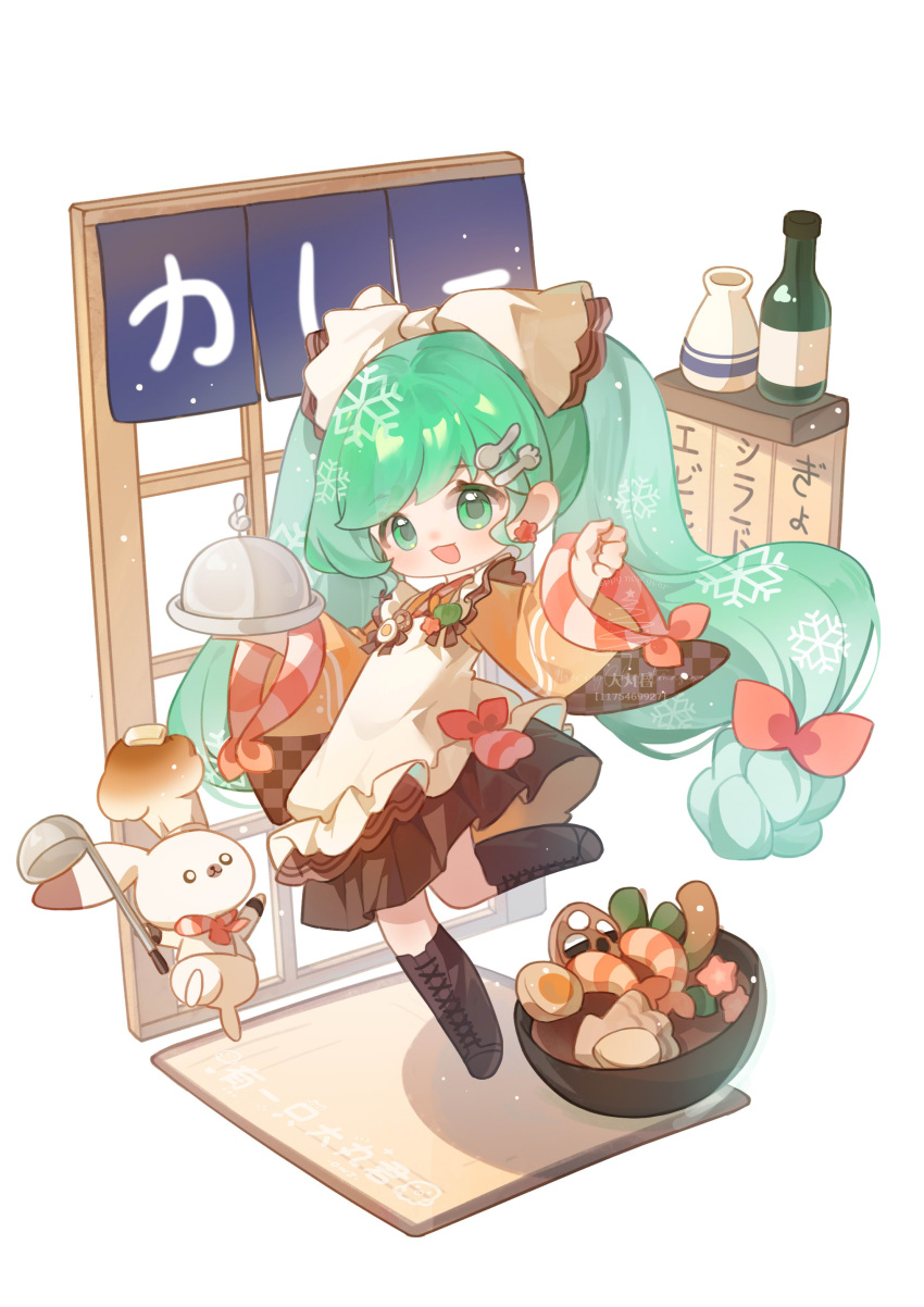 1girl absurdres animal apron aqua_eyes aqua_hair black_boots boots bottle bow bow_apron bowl bowtie braid brooch brown_bow brown_bowtie brown_hakama carpet chibi clenched_hand clothed_animal door dot_nose earrings eyelashes flower_earrings food_request fork frilled_apron frills hair_bow hair_ornament hairclip hakama hakama_skirt hardboiled_egg hatsune_miku highres holding holding_ladle holding_plate jacket japanese_clothes jewelry jumping kimono knee_boots lace-up_boots ladle leg_up light_blush light_particles long_hair long_sleeves looking_at_viewer low-tied_long_hair multiple_hair_bows neckerchief o_o open_mouth orange_kimono pink_bow pink_neckerchief plate rabbit rabbit_yukine sake_bottle shelf short_kimono shrimp simple_background skirt sleeve_bow smile snowflakes souffle_(food) spoon standing swept_bangs tareme tokkuri twin_braids very_long_hair vocaloid white_apron white_background white_bow white_jacket wide_sleeves you_yi_zhi_dawan yuki_miku yuki_miku_(2024)