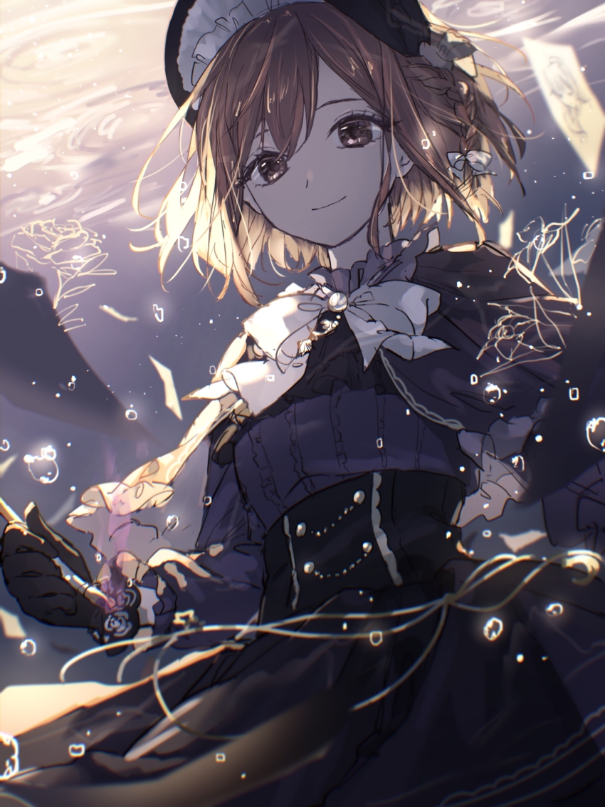 1girl air_bubble art_brush backlighting black_bonnet black_capelet black_gloves black_skirt bonnet braid brooch brown_eyes brown_hair bubble capelet center_frills chain closed_mouth daffodil double_horizontal_stripe drawing_(object) drawing_on_air eyelashes fantasy floral_print floral_print_gloves flower frilled_bonnet frilled_capelet frilled_sleeves frills gloves gold_trim grass grey_shirt hair_ribbon high-waist_skirt highres holding holding_brush jewelry lace-trimmed_capelet lace_trim light_particles long_skirt long_sleeves looking_at_viewer mallow_(di_fushang) minasoko_ni_kage_wo_sagashite_(project_sekai) neck_ribbon official_alternate_costume paintbrush paper papers peony_(flower) print_gloves project_sekai puffy_long_sleeves puffy_sleeves ribbon ripples rose_print shinonome_ena shirt short_hair side_braid single_braid skirt smile solo sunlight swept_bangs underbust underwater white_ribbon