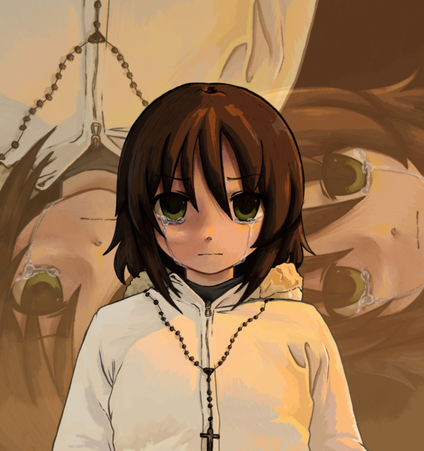 androgynous bead_necklace beads brown_hair commentary cross cross_necklace crying empty_eyes english_commentary green_eyes highres hood hooded_jacket jacket jewelry medium_hair monochrome necklace original prayer_beads streaming_tears tears white_jacket zoolpal zoom_layer