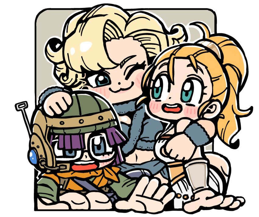 3girls :3 antennae ayla_(chrono_trigger) bag bkub blonde_hair blue_bag blue_eyes blunt_bangs blush_stickers border bracer breasts chrono_trigger closed_mouth crop_top curly_hair dot_nose dress glasses green_helmet green_shirt grey_background grey_scarf grey_shirt grey_skirt headset helmet highres long_hair long_sleeves lucca_ashtear marle_(chrono_trigger) medium_breasts multiple_girls navel one_eye_closed open_mouth orange_tunic ponytail purple_hair scarf shirt short_hair shoulder_bag simple_background skirt strapless strapless_dress teeth tunic upper_teeth_only white_border white_dress