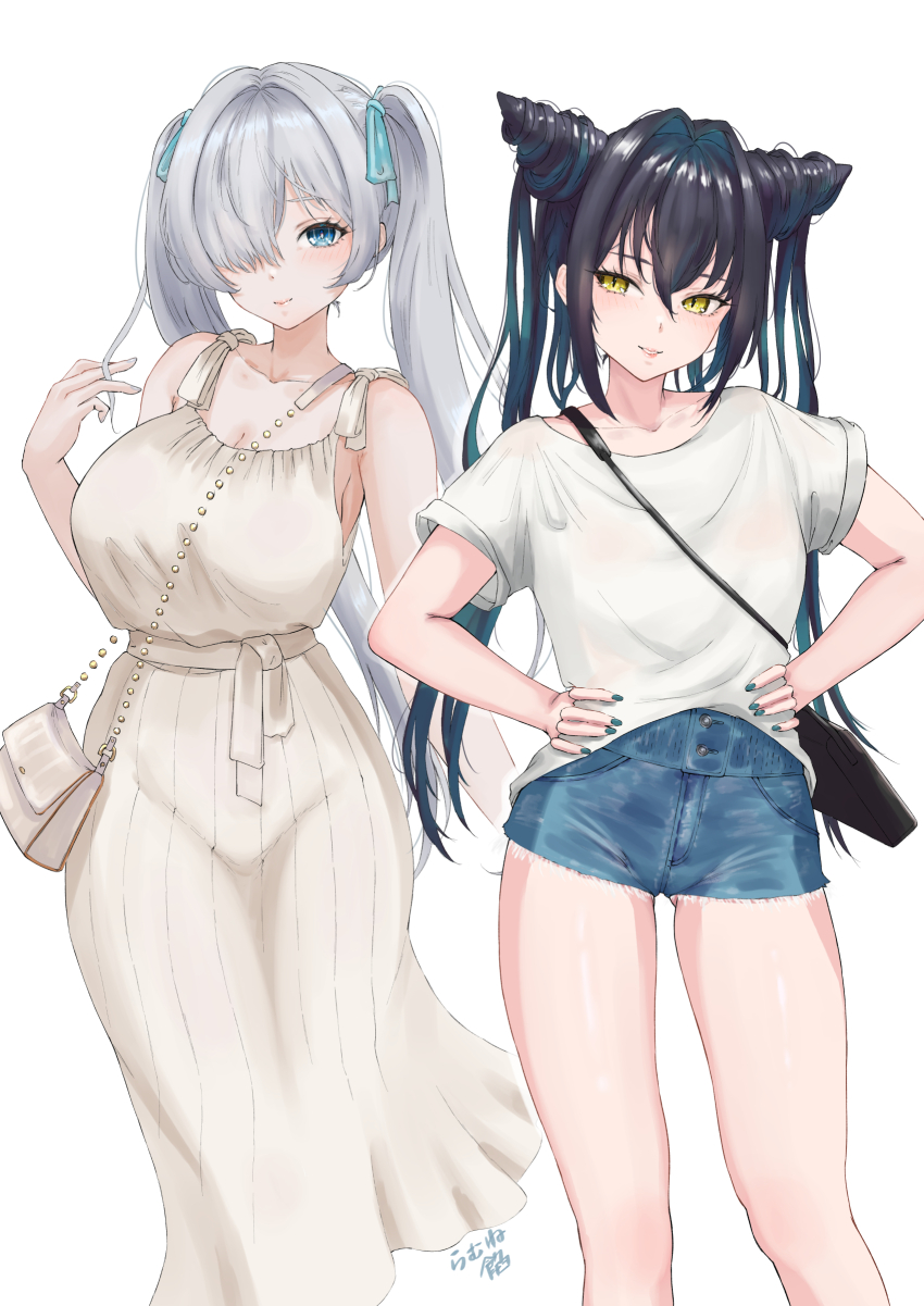 2girls absurdres black_hair blue_eyes blue_nails blue_shorts blush breasts cinderella_(nikke) cone_hair_bun denim denim_shorts dress goddess_of_victory:_nikke green_hair grey_hair hair_bun hair_over_one_eye hands_on_own_hips highres large_breasts little_mermaid_(nikke) looking_at_viewer medium_breasts multicolored_hair multiple_girls nail_polish ramuneogura shirt shorts simple_background smile streaked_hair twintails white_background white_dress white_shirt yellow_eyes