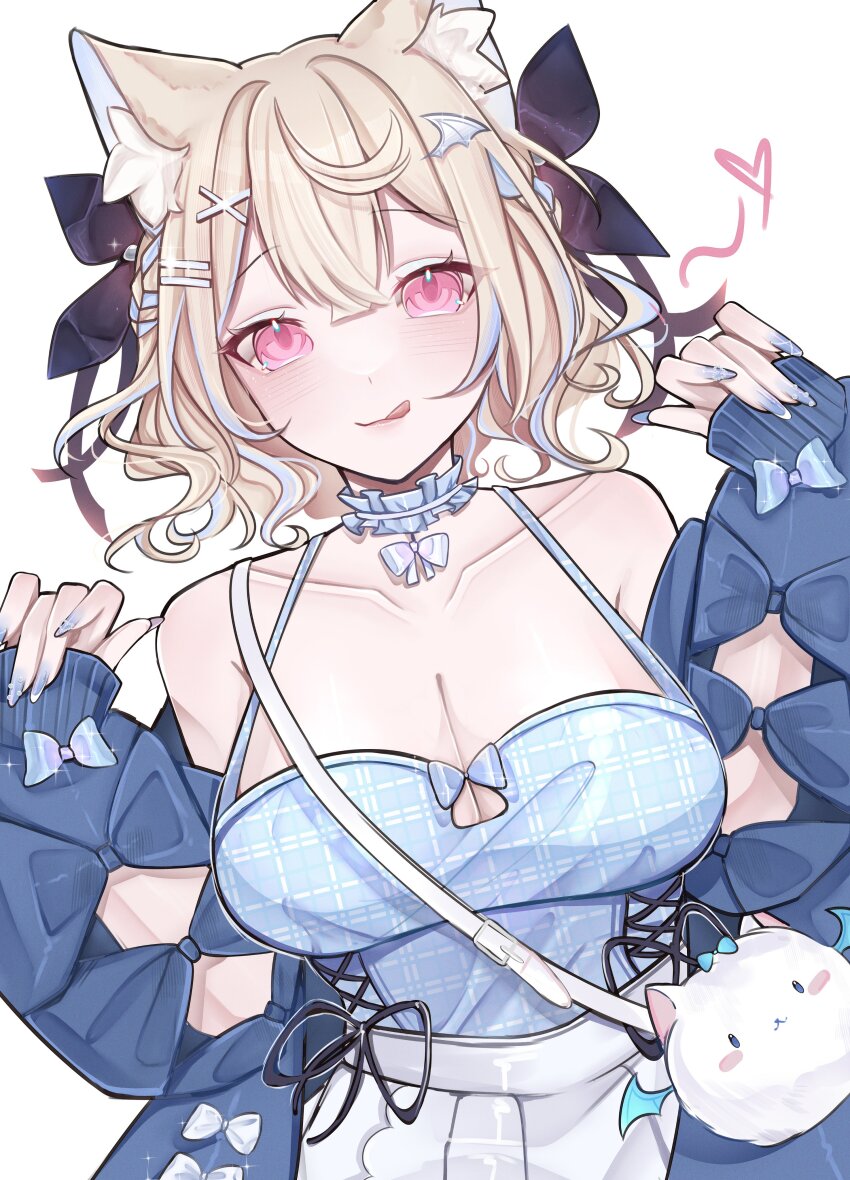 1girl :q absurdres alternate_hair_length alternate_hairstyle animal_ear_fluff animal_ears bag bare_shoulders black_ribbon blonde_hair blue_bow blue_choker blue_jacket blue_nails blue_shirt blue_streaks blush bow breasts choker cleavage closed_mouth collarbone commentary cowboy_shot dog_ears dog_girl double-parted_bangs dutch_angle english_commentary fingernails frilled_choker frills fuwawa_abyssgard fuwawa_abyssgard_(casual) hair_ornament hands_up heart highres hololive hololive_english jacket jacket_partially_removed large_breasts licking_lips long_sleeves looking_at_viewer multicolored_hair nail_polish no_hairband official_alternate_costume pink_eyes ribbon rosheil shirt short_hair shoulder_bag simple_background skirt smile solo streaked_hair tongue tongue_out virtual_youtuber white_background white_skirt x_hair_ornament
