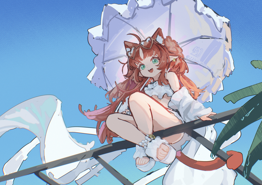 1girl animal_ears arknights bikini cat_ears cat_girl cat_tail chack520 green_eyes highres holding holding_umbrella kemonomimi_mode long_hair myrtle_(arknights) myrtle_(summer_flowers)_(arknights) official_alternate_costume parasol pointy_ears red_hair sandals sketch solo swimsuit tail toes umbrella white_bikini white_sandals white_umbrella