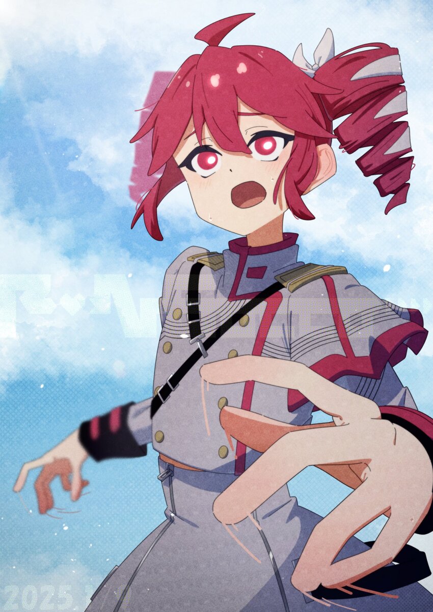1girl ahoge belt black_belt black_sleeve_cuffs blue_sky blush bow bright_pupils buttons cloud commentary_request double-breasted drill_hair exhausted fin_gocco grey_jacket grey_skirt hair_between_eyes hair_bow hair_ribbon highres jacket kasane_teto kasane_teto_(sv) layered_sleeves long_sleeves midriff_peek open_mouth outdoors red_eyes red_trim ribbon shoulder_belt shoulder_boards skirt sky solo striped_clothes striped_jacket sweat synthesizer_v twin_drills upper_body utau white_bow white_pupils white_ribbon