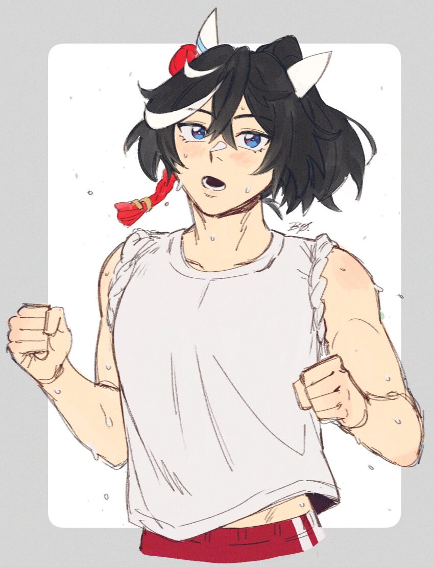 1boy animal_ears bare_arms bare_shoulders bestboybo black_hair blue_eyes border clenched_hands collarbone cropped_legs cropped_torso ear_covers eyelashes genderswap genderswap_(ftm) grey_border hair_between_eyes hair_ornament highres horse_boy horse_ears katsuragi_ace_(umamusume) light_blush looking_at_viewer lower_teeth_only male_focus midriff_peek multicolored_hair open_mouth outside_border pants pointy_nose ponytail red_pants short_hair short_ponytail solo streaked_hair sweat sweatpants tank_top teeth toned toned_male umamusume white_background white_tank_top