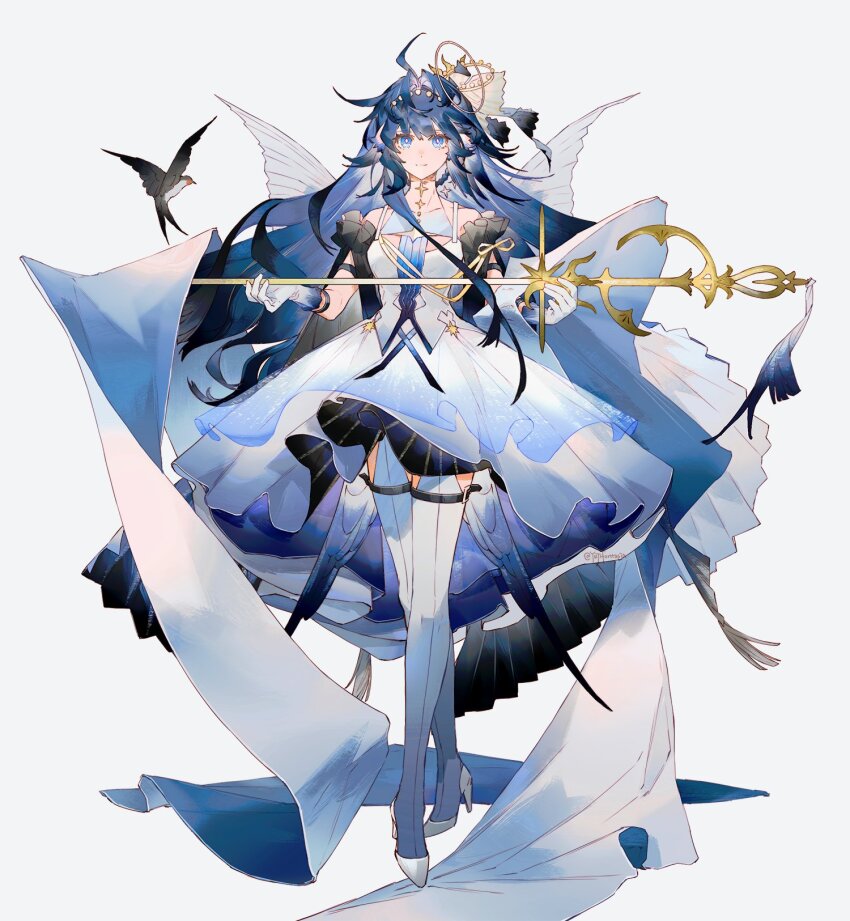 1girl alternate_costume arknights armband armlet astesia_(arknights) bare_shoulders bird blue_eyes blue_hair braid breasts closed_mouth crossed_legs diamond-shaped_pupils diamond_(shape) dress frilled_armband frills front-seamed_legwear full_body gem gloves hair_ornament high-waist_dress high_heels highres holding holding_weapon jewelry layered_dress long_hair looking_at_viewer medium_breasts pearl_(gemstone) seamed_legwear straight-on symbol-shaped_pupils thigh_strap thighhighs twitter_username weapon white_dress white_footwear white_gloves white_thighhighs yuji_(fantasia)