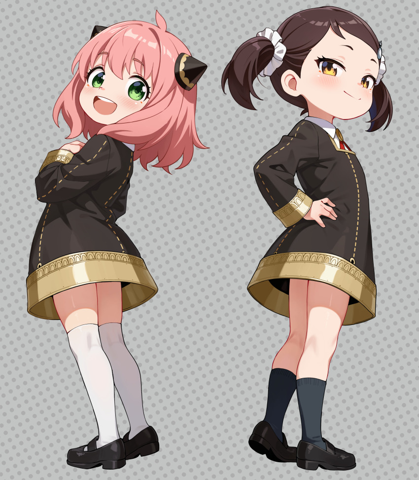 2girls :d absurdres anya_(spy_x_family) becky_blackbell black_dress black_shoes blue_socks brown_hair child closed_mouth collared_shirt commentary dress english_commentary full_body green_eyes grey_background hair_ornament hair_scrunchie hairpods hand_on_own_hip highres kneehighs long_sleeves looking_at_viewer luxuriou_s mary_janes medium_hair multiple_girls neck_ribbon open_mouth pink_hair polka_dot polka_dot_background red_ribbon ribbon scrunchie shirt shoes short_twintails smile socks spy_x_family standing teeth thighhighs twintails upper_teeth_only white_scrunchie white_shirt white_thighhighs yellow_eyes