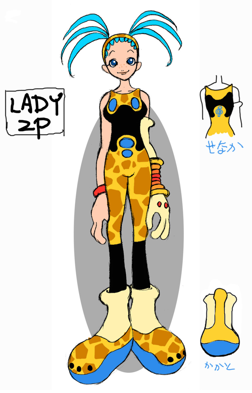 1girl 2000s_(style) aged_up alternate_body_size alternate_costume animal_print ankle_socks aqua_hair arm_at_side black_bodysuit black_pants blue_pupils bodysuit bodysuit_under_clothes bracelet breasts buttons character_profile reference_sheet collarbone concept_art cool_cool_toon elbow_gloves english_text eyelashes freckles giraffe_print gloves gyoubu_ippei hairband highres jewelry knees_apart_feet_together large_breasts large_feet large_hands legs_apart lips long_arms long_legs looking_up musical_note musical_note_print official_alternate_body_size official_alternate_costume official_art open_hands oval oval_background pants pink_lips print_footwear print_hairband print_pants simple_background single_elbow_glove single_glove sketch sleeveless sleeveless_bodysuit snk socks solo spica_(cool_cool_toon) straight-on tall_female third-party_source toon_(style) translation_request treble_clef twintails two-tone_background two-tone_footwear two-tone_hairband two-tone_pants updo white_background yellow_gloves yellow_socks
