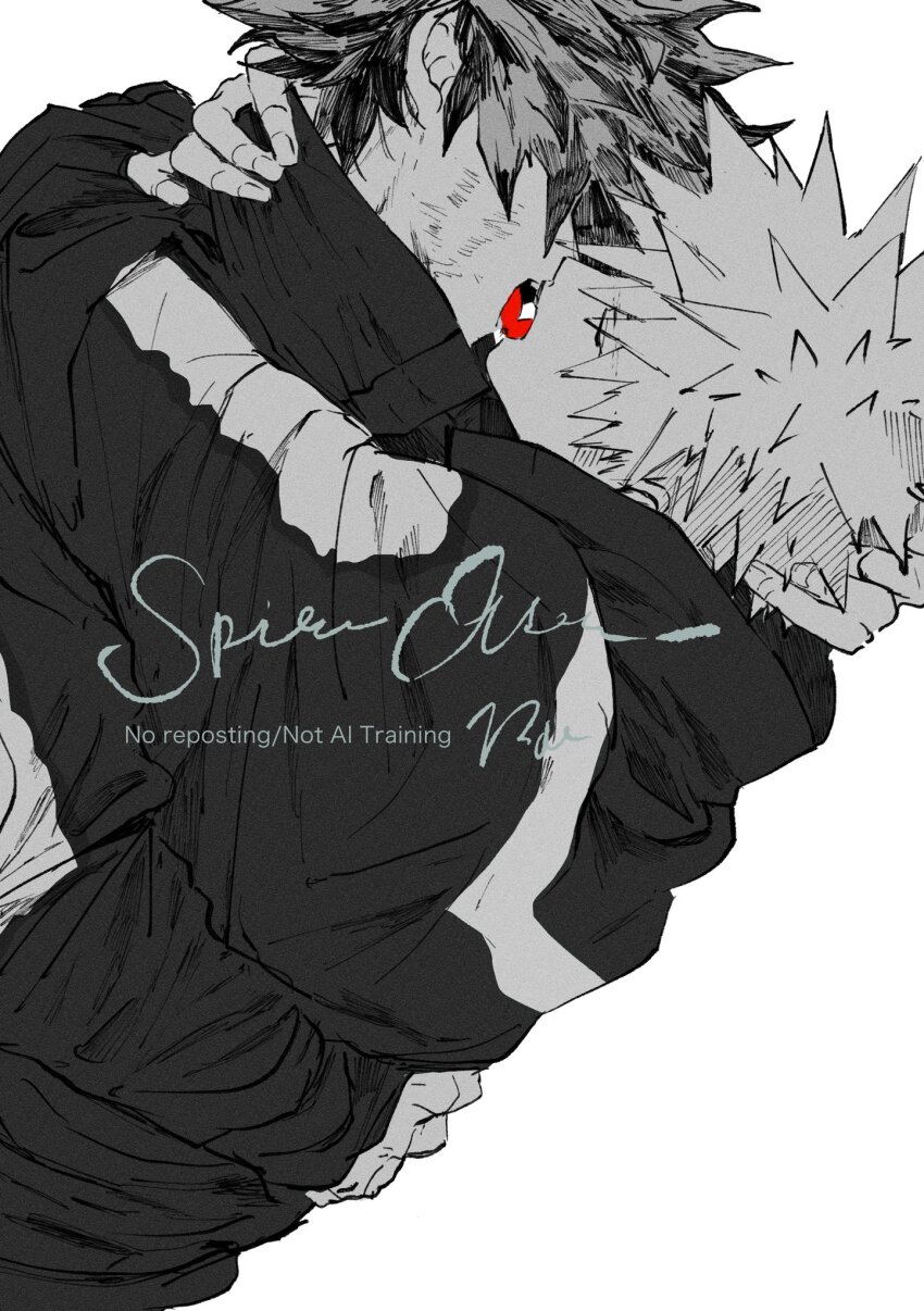 2boys bakugou_katsuki boku_no_hero_academia closed_eyes commentary_request freckles french_kiss from_side greyscale highres kiss male_focus midoriya_izuku monochrome multiple_boys naplus short_hair simple_background spiked_hair spot_color white_background yaoi