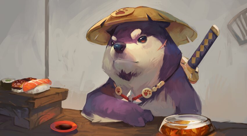 absurdres animal_ears arm_on_table brown_fur commentary dog dog_ears dog_nose english_commentary facial_scar food genshin_impact hat highres jingasa kageroumaru_(genshin_impact) katana looking_to_the_side makizushi paw_print scar scar_on_cheek scar_on_face shiba_inu skyler soy_sauce sushi sword sword_on_back weapon weapon_on_back