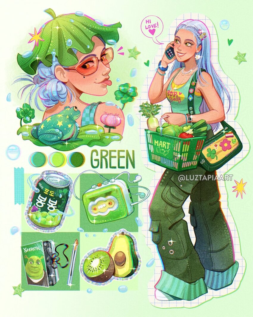 1girl artist_name avocado_slice brown_eyes cellphone clover english_text food four-leaf_clover frog fruit glasses green_hat green_pants green_tank_top green_theme grey_hair hat highres holding holding_phone kiwi_(fruit) kiwi_slice long_hair luztapiaart multiple_views orange-tinted_eyewear original pants phone shopping_basket shrek shrek_(series) smartphone speech_bubble tank_top tinted_eyewear tongue tongue_out watermark