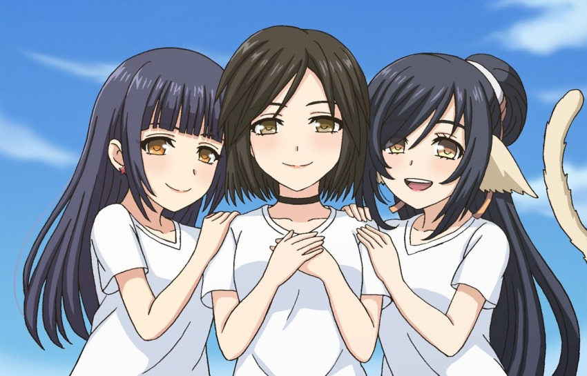 3girls animal_ears aquaplus black_hair blue_sky blush breasts brown_eyes brown_hair cat_tail choker closed_mouth cloud collarbone earrings eyelashes final_fantasy final_fantasy_ix gakya546 garnet_til_alexandros_xvii gradient_eyes hair_between_eyes hair_ornament hair_over_one_eye hands_together jewelry kingdom_hearts kingdom_hearts_unchained_x kuon_(utawarerumono) large_breasts lips long_hair looking_at_viewer multicolored_eyes multiple_girls open_mouth orange_eyes ponytail shirt short_hair short_sleeves sidelocks skuld_(kingdom_hearts) sky smile square_enix straight_hair swept_bangs t-shirt tail teeth tongue upper_body utawarerumono utawarerumono:_itsuwari_no_kamen very_long_hair white_shirt