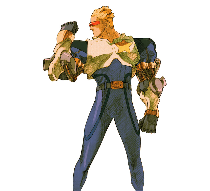1boy armor black_gloves blonde_hair blue_bodysuit bodysuit captain_commando captain_commando_(character) cowboy_shot gloves looking_at_hand male_focus marvel_vs._capcom marvel_vs._capcom_2 mechanical_arms official_art red-tinted_eyewear short_hair simple_background solo tinted_eyewear transparent_background white_armor