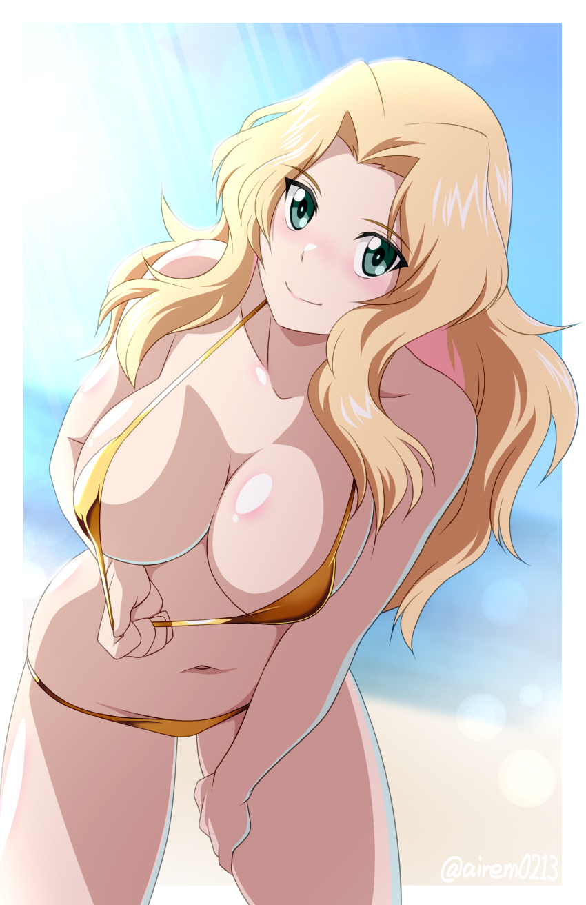1girl absurdres akuron_(acllon) armpit_crease beach bikini bikini_top_pull blonde_hair blue_eyes blue_sky border breasts cleavage closed_mouth day girls_und_panzer gold_bikini hair_intakes hand_on_leg hand_on_own_leg hand_on_own_thigh highres kay_(girls_und_panzer) large_breasts leaning_forward long_hair looking_at_viewer navel outdoors pulling_own_clothes sky smile solo swimsuit teasing thighs wavy_hair white_border