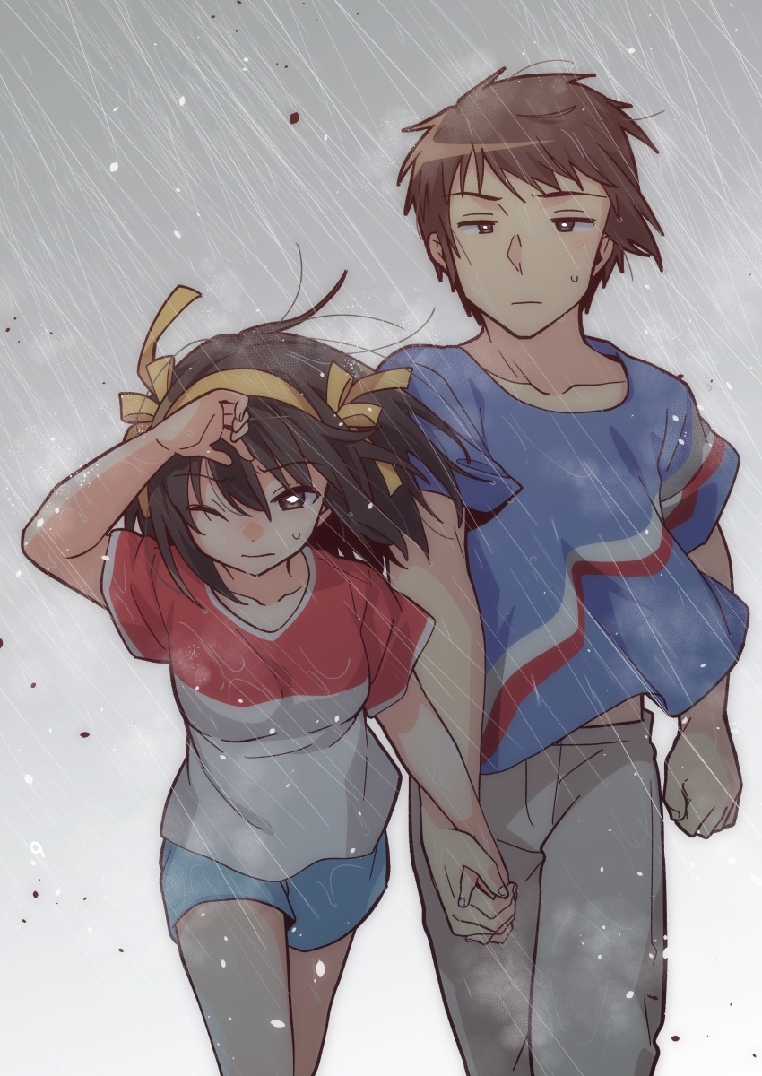 1boy 1girl absurdres blue_shirt blue_shorts brown_eyes brown_hair casual closed_mouth collarbone commentary_request hairband highres holding_hands kyon looking_at_viewer medium_hair midriff_peek one_eye_closed pants rain red_shirt ribbon shirt short_hair short_sleeves shorts simple_background striped_clothes striped_shirt suzumiya_haruhi suzumiya_haruhi_no_yuuutsu t-shirt taiki_(6240taiki) thighs two-tone_shirt walking wet white_background white_pants white_shirt yellow_hairband yellow_ribbon