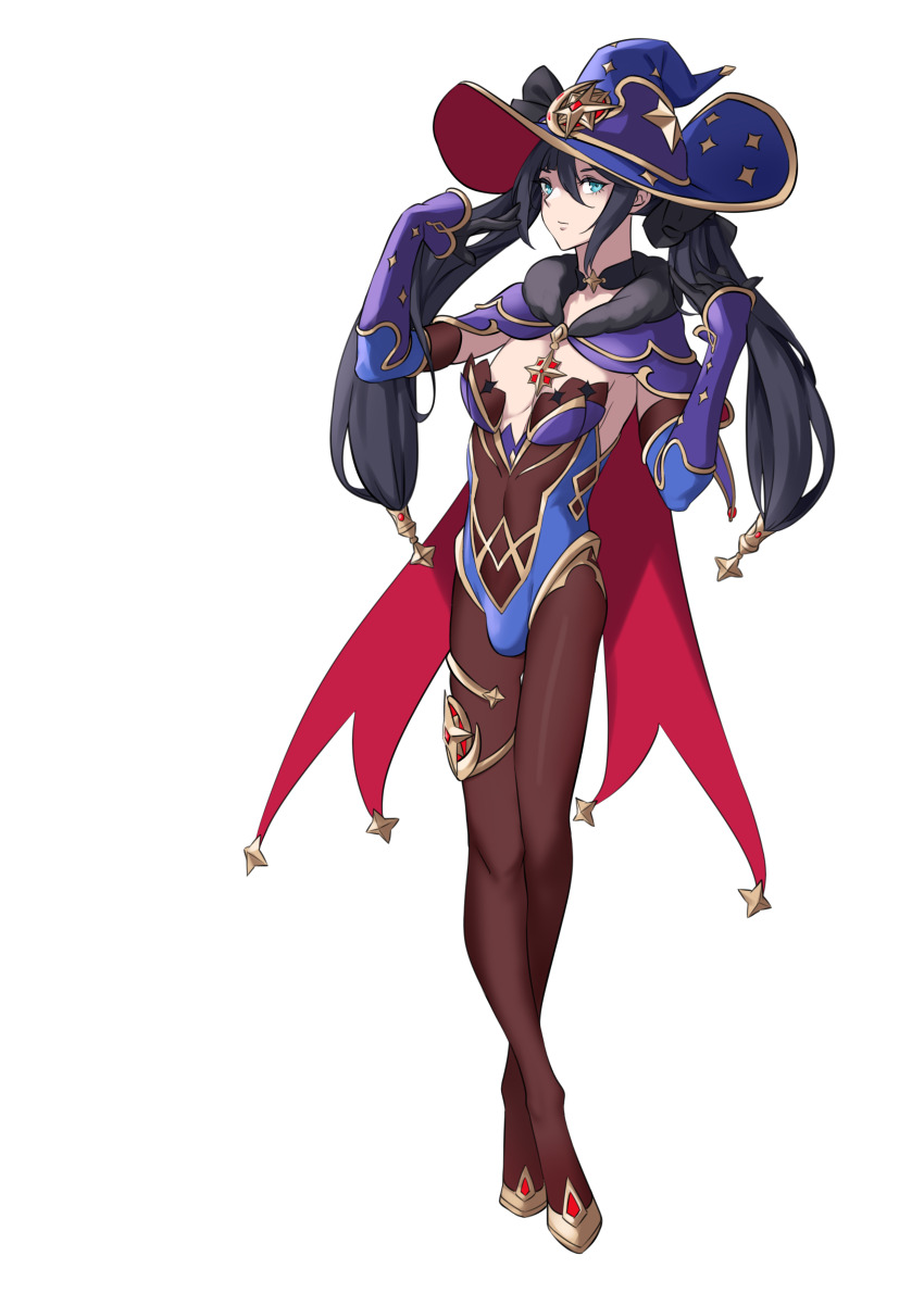 1boy absurdres black_hair blue_leotard bodystocking bulge crossdressing crossdressing_(mtf) fur_collar genderswap genderswap_(ftm) genshin_impact hat highres jewelry leotard looking_at_viewer mona_(genshin_impact) oversized_breast_cup p.maker pantyhose simple_background skinny sparkle_print thighlet trap twintails witch_hat