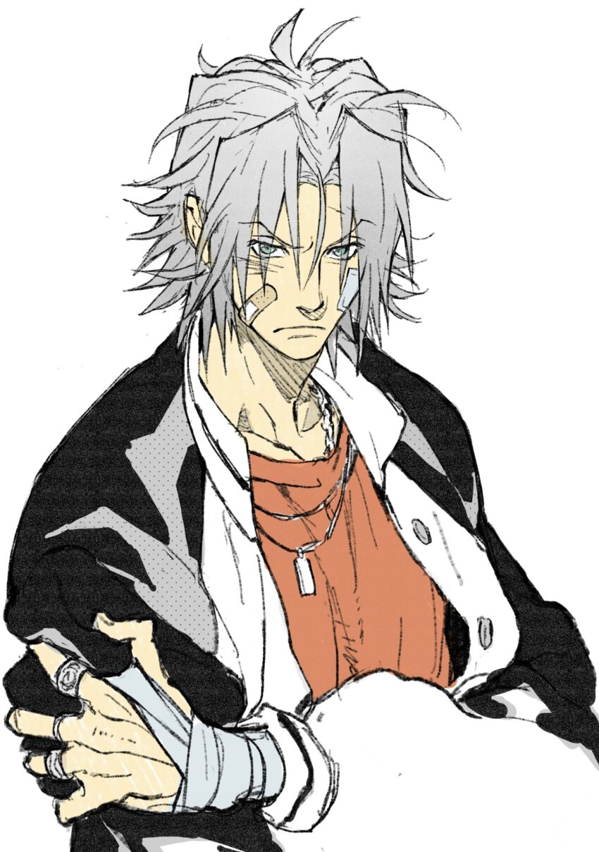 1boy bandaged_arm bandages bandaid bandaid_on_face black_jacket closed_mouth collared_jacket crew_neck curtained_hair frown gokudera_hayato green_eyes grey_hair hand_on_own_arm highres jacket katekyo_hitman_reborn! male_focus open_clothes open_jacket popped_collar red_shirt shirt simple_background solo umkaqryi upper_body v-shaped_eyebrows white_background