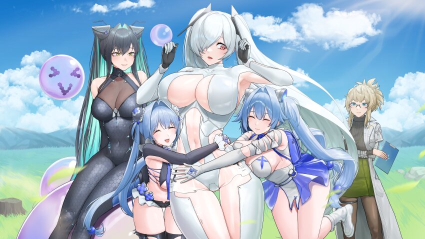 5girls abe_(nikke) absurdres accessories armpit_cutout bare_shoulders black_hair blonde_hair blue_eyes blue_hair blush bodysuit breasts cinderella_(nikke) cleavage cleavage_cutout closed_eyes closed_mouth clothing_cutout coat colored_inner_hair elbow_gloves flower-shaped_hair folded_hair glasses gloves goddess_of_victory:_nikke gretel_(nikke) group_hug hair_intakes hair_over_one_eye hansel_(nikke) highres hug hug_from_behind large_breasts leg_cutout leotard little_mermaid_(nikke) long_hair multicolored_hair multicolored_leotard multiple_girls navel navel_cutout noorung old_tales_(nikke) one_eye_covered open_clothes open_coat open_mouth pantyhose pencil_skirt red_eyes see-through_bodysuit see-through_clothes see-through_skirt shiny_eyes siblings skirt leotard smile solo stomach_cutout sweater turtleneck turtleneck_sweater twins twintails two-tone_leotard very_long_hair white_bodysuit white_hair white_pouch yellow_eyes