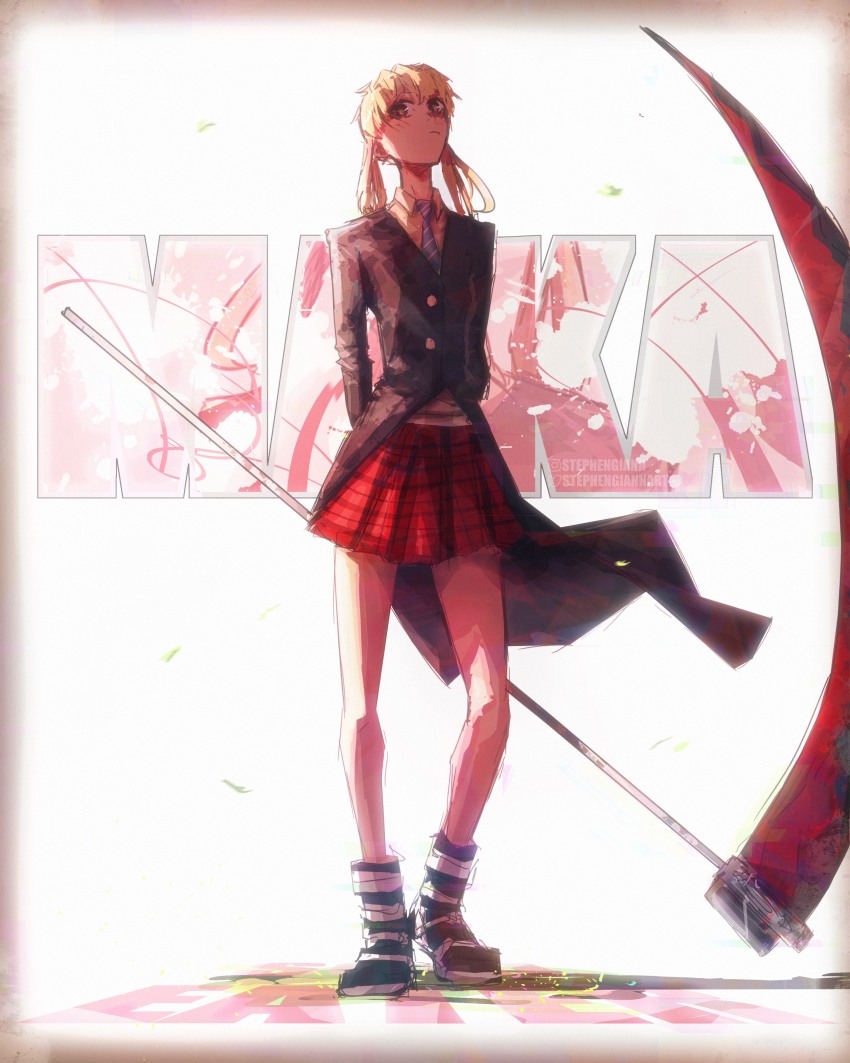 1girl absurdres black_coat blonde_hair blue_necktie blush boots character_name coat collared_shirt commentary full_body highres holding holding_scythe instagram_logo instagram_username maka_albarn necktie red_skirt scythe shirt skirt solo soul_eater stephengiannart twintails twitter_logo twitter_username white_shirt
