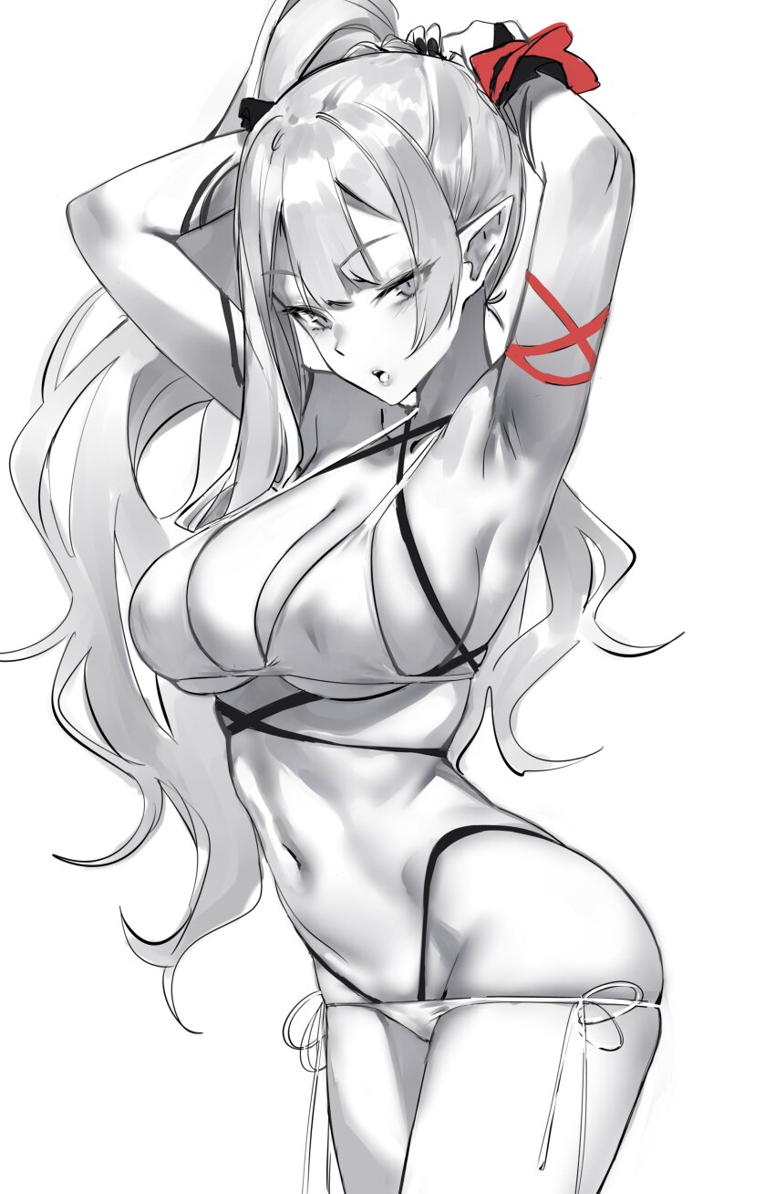 1girl absurdres baobhan_sith_(fate) baobhan_sith_(swimsuit_pretender)_(fate) baobhan_sith_(swimsuit_pretender)_(third_ascension)_(fate) bare_shoulders bikini breasts cleavage das_(dan_dan) fate/grand_order fate_(series) greyscale highres large_breasts long_hair looking_at_viewer monochrome navel open_mouth pointy_ears solo swimsuit thighs