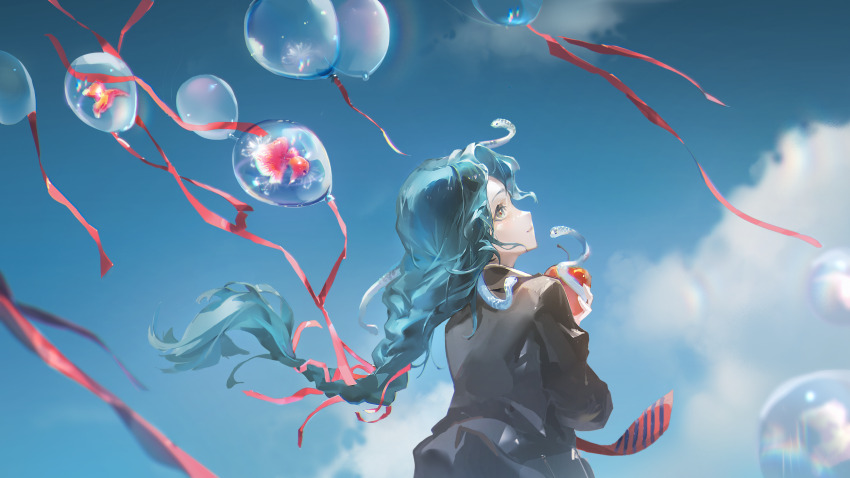 1girl apple blue_sky braid cloud cloudy_sky coat fish floating_hair food from_side fruit goldfish green_eyes grey_coat hand_up highres hissabeth holding holding_food holding_fruit imbiqv long_braid looking_up profile reverse:1999 see-through_balloon single_braid sky smile snake snake_on_head solo upper_body
