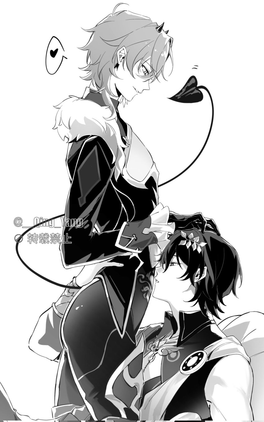 2boys ass aventurine_(boss)_(honkai:_star_rail) aventurine_(honkai:_star_rail) blush cleavage_cutout clothing_cutout cone_horns corrupted_twitter_file demon_boy demon_horns demon_tail dr._ratio_(honkai:_star_rail) frilled_sleeves frills fur_scarf gloves greyscale head_on_another&#039;s_stomach heart heart_tail highres honkai:_star_rail honkai_(series) horns long_sleeves male_focus monochrome multiple_boys oh_qing_yang pants pubic_tattoo_through_clothing sash short_hair tail yaoi