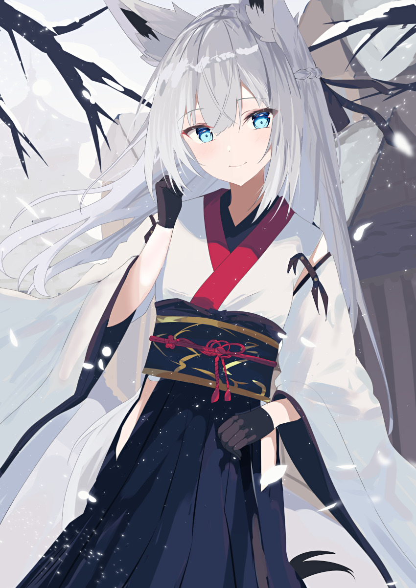 1girl absurdres animal_ears azur_lane black_gloves blue_eyes blue_skirt braid eyeshadow fox_ears fox_girl fox_tail gloves hair_between_eyes hakama hakama_skirt hand_up happy highres japanese_clothes kawakaze_(azur_lane) kimono long_hair looking_at_viewer makeup natsuki_(natsu_1936) outdoors pleated_skirt red_eyeshadow skirt smile snowing solo standing tail very_long_hair white_hair white_kimono wide_sleeves