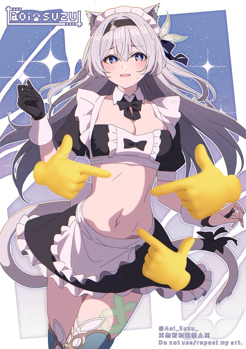 1girl alternate_costume animal_ears aoi_suzu apron aqua_hair aqua_thighhighs back_bow black_bow black_bridal_gauntlets black_gloves black_hairband bow bridal_gauntlets cat_ears disembodied_hand enmaided firefly_(honkai:_star_rail) gloves gradient_hair grey_hair hair_between_eyes hair_ornament hairband hand_up highres honkai:_star_rail honkai_(series) long_hair looking_at_viewer maid maid_headdress multicolored_hair navel open_mouth pointing single_bridal_gauntlet single_glove smile stomach sweat tail tail_bow tail_ornament thighhighs white_apron white_bow wrist_cuffs