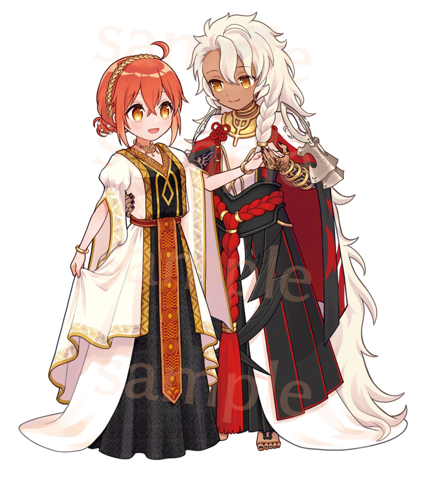 1boy 1girl :d ahoge alternate_costume arm_tattoo barefoot black_dress black_hakama black_nails bracelet braid closed_mouth commentary_request couple dark-skinned_male dark_skin dress fate/grand_order fate_(series) flower_knot foot_tattoo fujimaru_ritsuka_(female) full_body gold_trim hair_between_eyes hair_bun hair_over_shoulder hairband hakama hand_tattoo hetero highres holding_hands japanese_clothes jewelry layered_dress long_dress long_hair long_sleeves looking_at_another medium_hair multiple_rings nail_polish neck_ring necklace open_mouth orange_eyes orange_hair ring sample_watermark shirt side_braid simple_background single_braid skirt_hold smile solomon_(fate) standing tassel tattoo thumb_ring toe_ring v-neck very_long_hair waka_(owakao_f) watermark white_background white_hair white_shirt wide_sleeves yellow_eyes yellow_hairband
