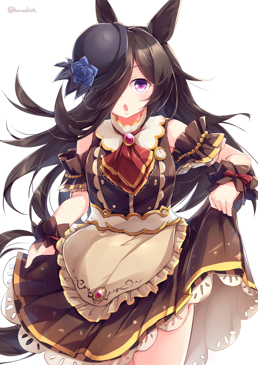 :o absurdres animal_ears apron ascot asymmetrical_bangs bare_shoulders black_hat blue_flower blue_rose brown_apron brown_dress brown_hair buttons commentary_request cosplay cowboy_shot detached_collar double-breasted dress flipped_hair flower frilled_apron frills gem hair_over_one_eye hat hat_flower highres horse_ears horse_girl horse_tail kanzakietc long_hair looking_at_viewer medium_dress mihono_bourbon_(code:glassage)_(umamusume) mihono_bourbon_(umamusume) mihono_bourbon_(umamusume)_(cosplay) nigekiri_sisters_(umamusume) open_mouth purple_eyes red_ascot red_brooch red_gemstone rice_shower_(umamusume) rose simple_background skirt_hold sleeveless sleeveless_dress tail tilted_headwear twitter_username umamusume underbust waist_apron white_background wrist_cuffs
