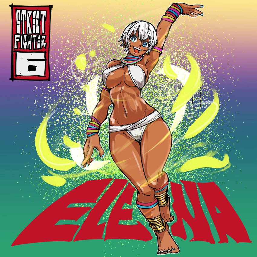 1girl absurdres anklet armlet barefoot bikini blue_eyes bracelet breasts calflet capcom dark-skinned_female dark_skin earrings elena_(street_fighter) highres igawa20000volt jewelry large_breasts nail_polish navel neck_ring short_hair smile solo street_fighter street_fighter_6 swimsuit underboob white_hair