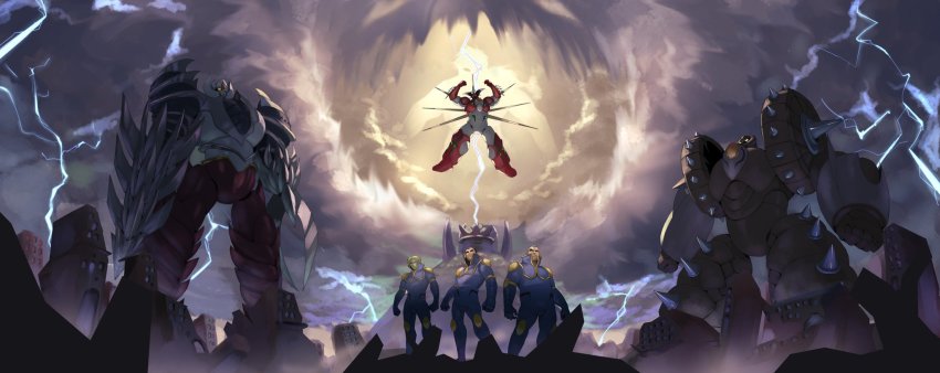 3boys city cloud cloudy_sky drill getter_arc getter_khan getter_kirik getter_robo getter_robo_arc highres kamui_shou lightning mecha multiple_boys nagare_takuma pilot_suit pincers robot sky spikes super_robot vldhomecenter yamagishi_baku