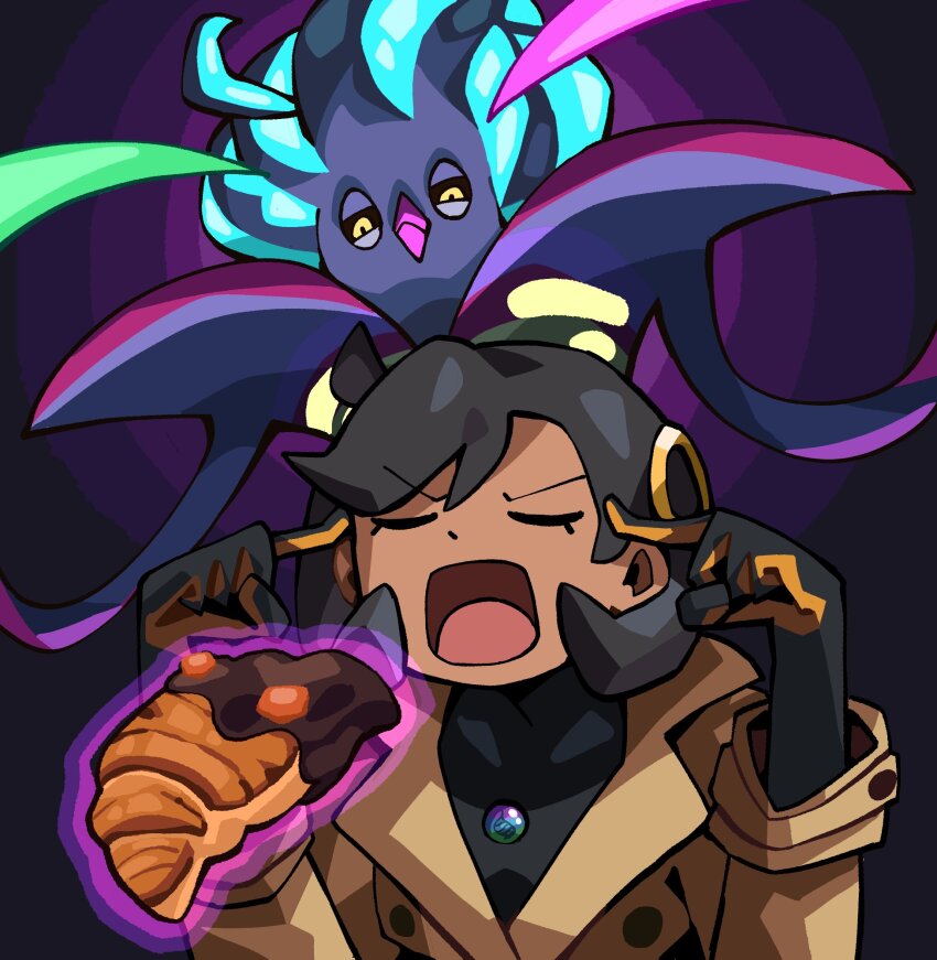 1girl beak black_bodysuit black_hair black_sclera bodysuit bodysuit_under_clothes breasts brown_jacket closed_eyes closed_mouth colored_sclera croissant dark-skinned_female dark_skin emma_(pokemon) fingers_to_head food gen_6_pokemon gloves hair_ornament highres jacket latex malamar man_levitating_pizza_(meme) mega_malamar mega_pokemon mega_stone meme nintendo notus_49 open_mouth orange_gloves pokemon pokemon_(creature) pokemon_legends:_z-a short_hair squid telekinesis tentacles two-tone_gloves yellow_eyes