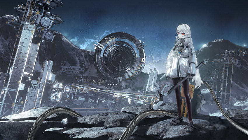 1girl absurdres arknights arknights:_endfield braid brown_pantyhose closed_mouth crown_braid grey_hair hair_between_eyes highres holding jacket long_hair long_sleeves mountain night night_sky outdoors pantyhose radar_dish red_eyes seymour_(sai_lu_er) shoes sky sleeves_past_wrists solo standing star_(sky) starry_sky very_long_hair warfarin_(arknights) white_jacket white_shoes