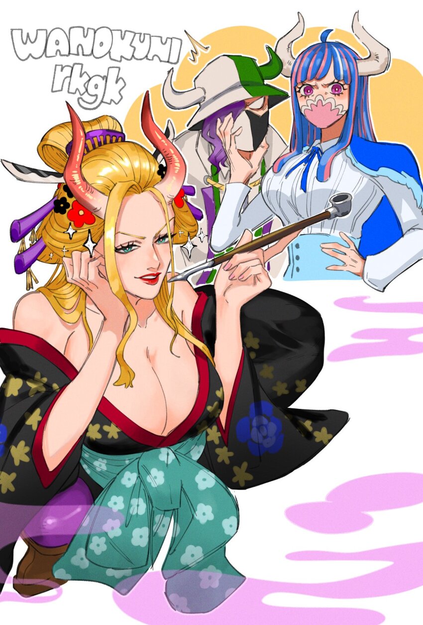 1boy 2girls bare_shoulders black_kimono black_maria_(one_piece) blonde_hair blue_corset blue_hair breasts cleavage collarbone commentary_request corset green_eyes green_hat green_sash hair_ornament hair_stick hand_on_own_hip hat highres holding holding_smoking_pipe horns japanese_clothes kimono large_breasts long_hair multicolored_hair multiple_girls oiran one_piece page_one_(one_piece) pink_hair print_kimono red_lips sash smoking_pipe sparkle streaked_hair two-tone_hair two-tone_hat ulti_(one_piece) white_hat yato_0410
