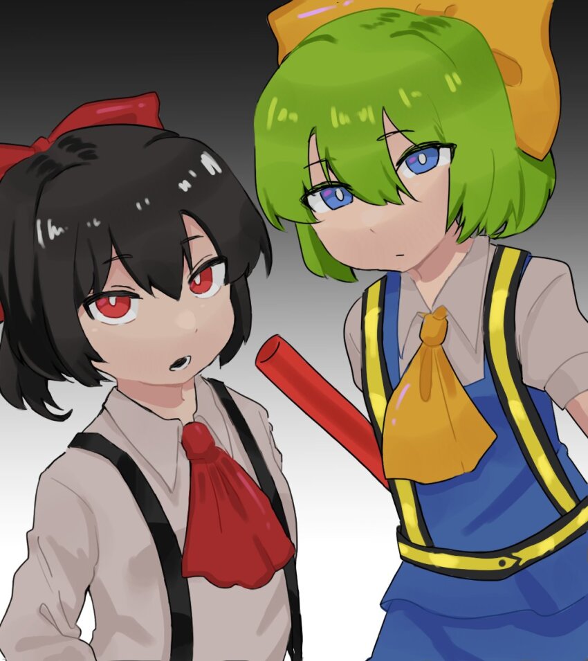 2girls ascot black_hair blue_skirt blue_vest bow bright_pupils closed_mouth collared_shirt commentary cookie_(touhou) cowboy_shot daiyousei diyusi_(cookie) dutch_angle english_commentary expressionless flat_chest gradient_background green_hair grey_background hair_between_eyes hair_bow high-visibility_clothing high-visibility_vest highres long_bangs looking_at_viewer lower_teeth_only multiple_girls nonpik_aku open_mouth red_ascot red_bow red_eyes shirt short_hair short_sleeves siyudi_(cookie) skirt skirt_set suspenders teeth touhou traffic_baton unusually_open_eyes vest white_pupils white_shirt yellow_ascot yellow_bow