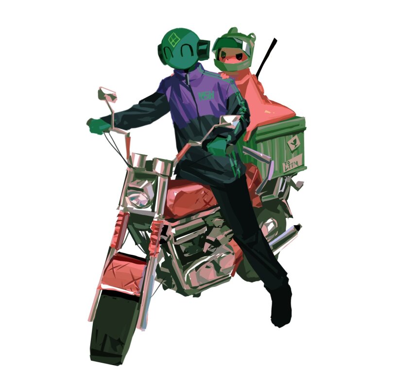 ^_^ animal_helmet artist_request bad_link black_eyes black_pants character_name closed_eyes clothes_writing colored_skin creature delivery english_text facial_mark forehead_mark green_skin helmet highres hood hoodie hunter_(rain_world) iterator_(rain_world) motor_vehicle motorcycle motorcycle_helmet no_humans no_mouth no_significant_harassment on_motorcycle pants rain_world robot robot_ears scar scar_across_eye scar_on_face simple_background slugcat source_request white_background